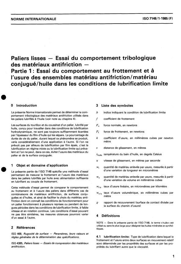 ISO 7148-1:1985 - Paliers lisses -- Essai du comportement tribologique des matériaux antifriction