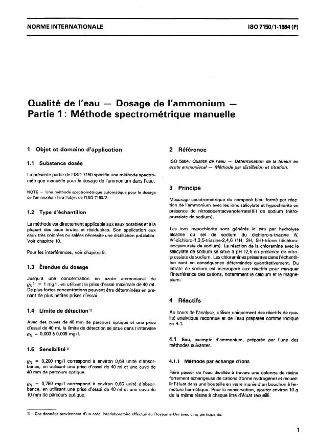 ISO 7150-1:1984 - Qualité de l'eau -- Dosage de l'ammonium