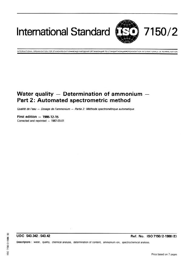 ISO 7150-2:1986 - Water quality -- Determination of ammonium