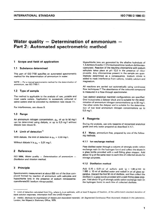 ISO 7150-2:1986 - Water quality -- Determination of ammonium