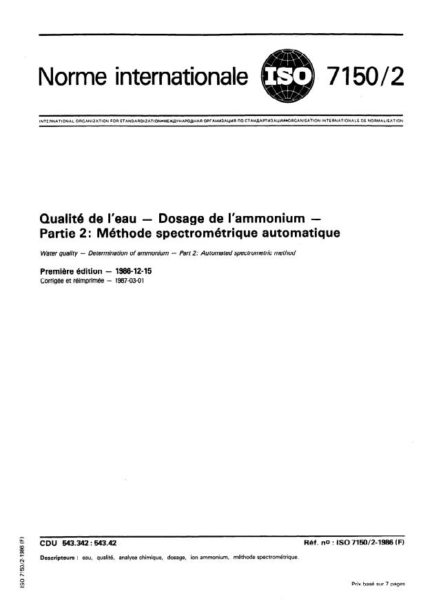 ISO 7150-2:1986 - Qualité de l'eau -- Dosage de l'ammonium