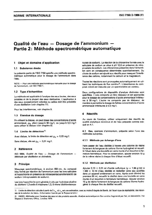 ISO 7150-2:1986 - Qualité de l'eau -- Dosage de l'ammonium