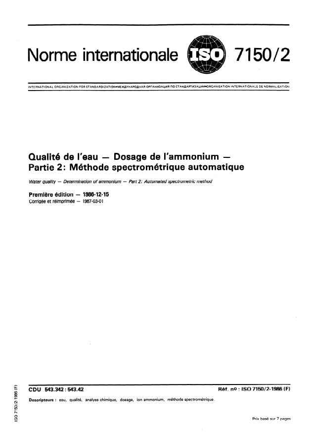ISO 7150-2:1986 - Qualité de l'eau -- Dosage de l'ammonium