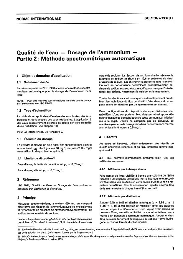 ISO 7150-2:1986 - Qualité de l'eau -- Dosage de l'ammonium