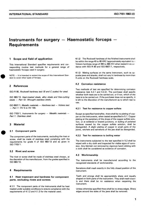 ISO 7151:1983 - Instruments for surgery -- Haemostatic forceps -- Requirements
