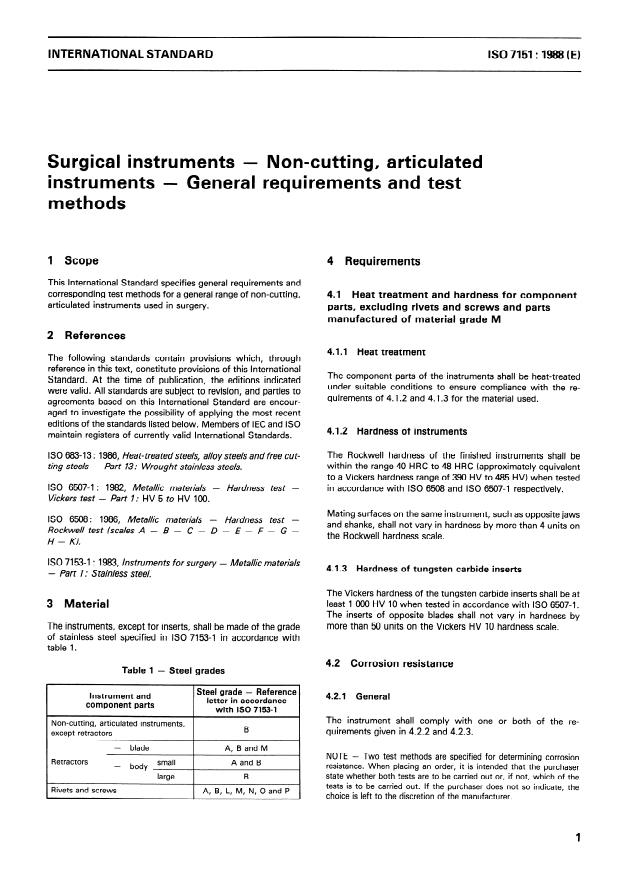 ISO 7151:1988 - Surgical instruments -- Non-cutting, articulated instruments -- General requirements and test methods