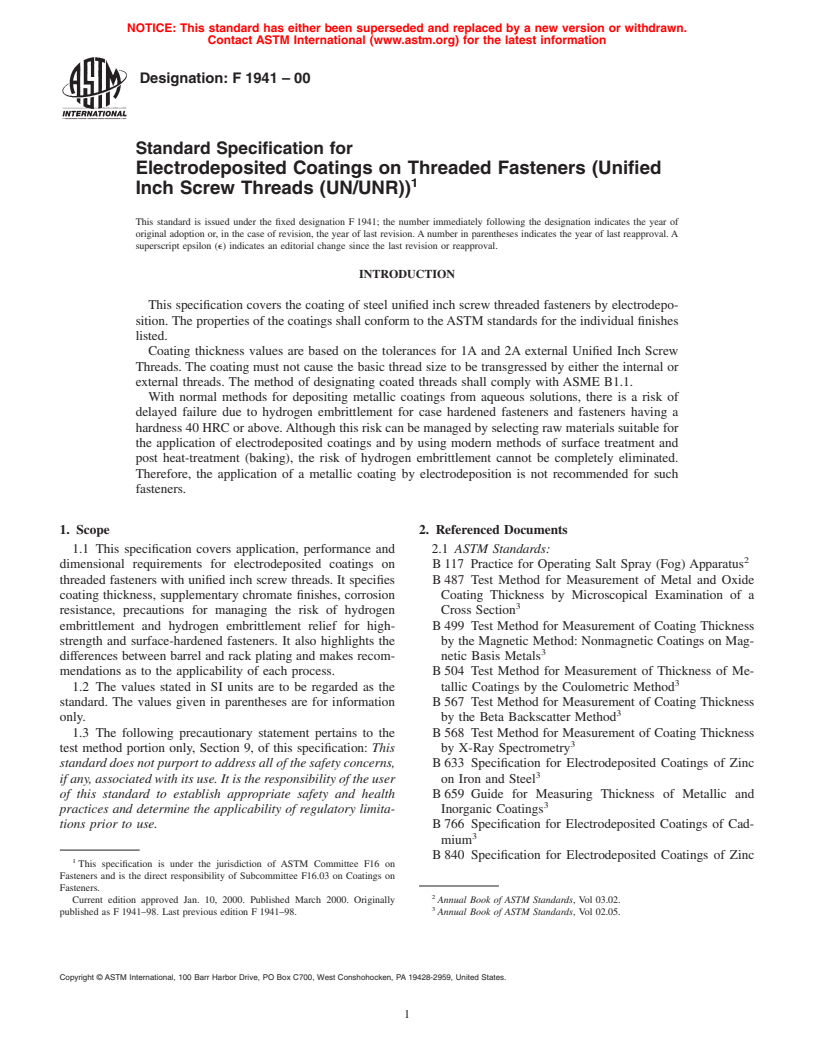 ASTM F1941-00 - Standard Specification for Electrodeposited Coatings on Threaded Fasteners (Unified Inch Screw Threads (UN/UNR))