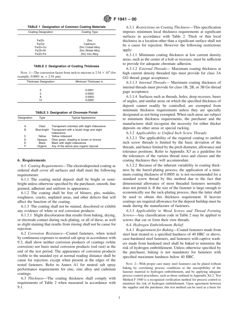 ASTM F1941-00 - Standard Specification for Electrodeposited Coatings on Threaded Fasteners (Unified Inch Screw Threads (UN/UNR))