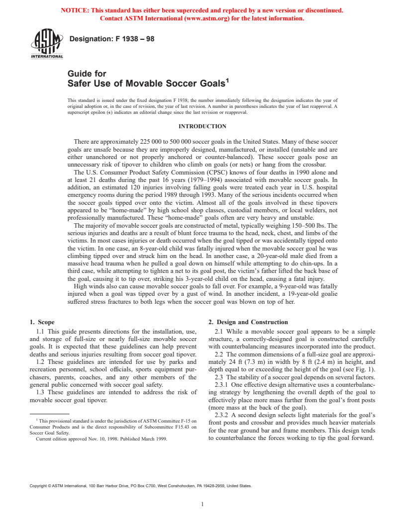 ASTM F1938-98 - Guide for Safer Use of Movable Soccer Goals