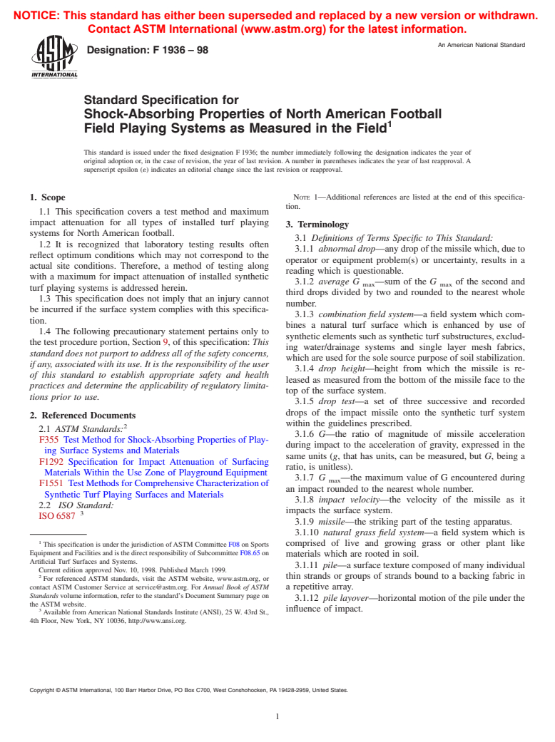 ASTM F1936-98 - Standard Specification for Shock-Absorbing Properties of North American Football Field Playing Systems as Measured in the Field