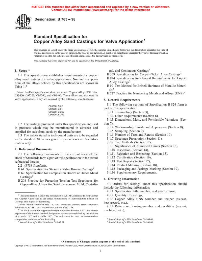 ASTM B763-98 - Standard Specification for Copper Alloy Sand Castings for Valve Application