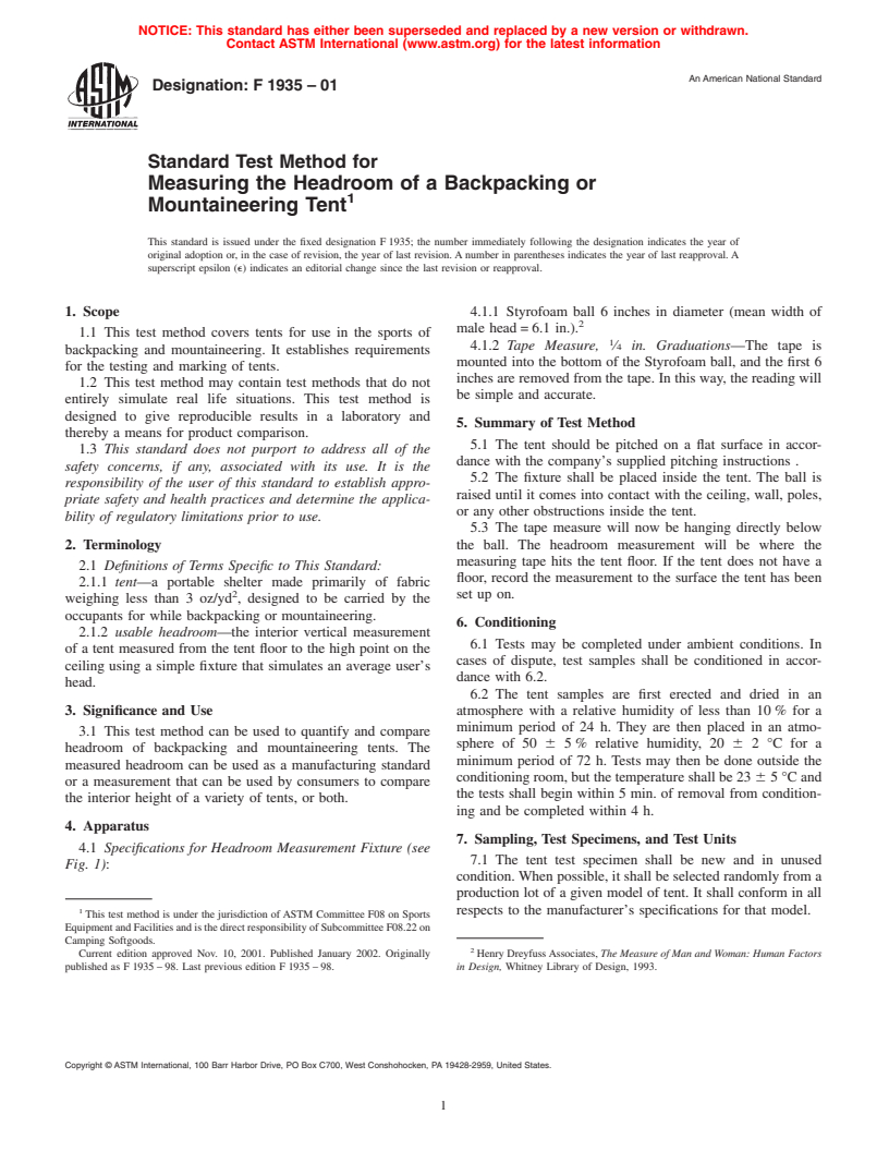 ASTM F1935-01 - Standard Test Method for Measuring the Headroom of a Backpacking or Mountaineering Tent