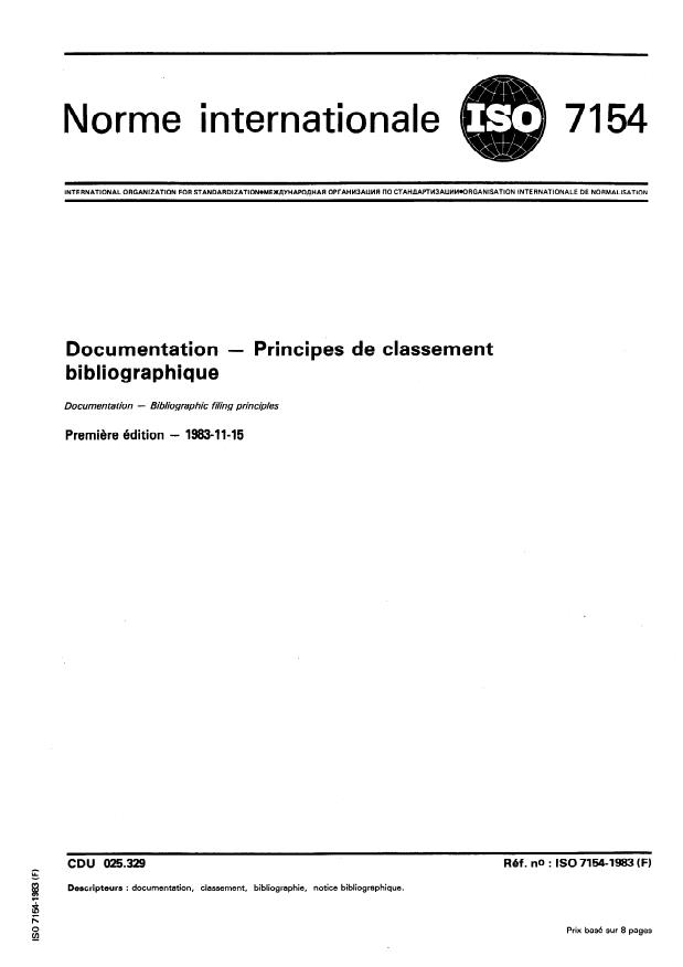 ISO 7154:1983 - Documentation -- Principes de classement bibliographique