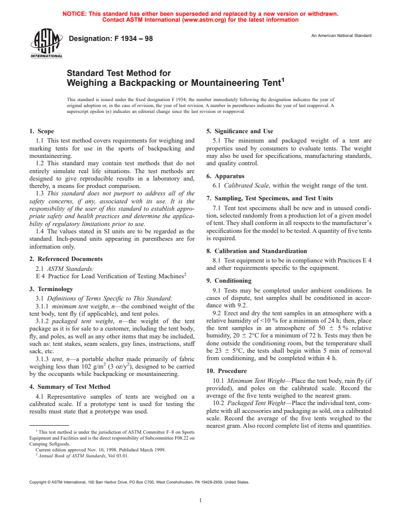 ASTM F1934-98 - Standard Test Method for Weighing a Backpacking or Mountaineering Tent