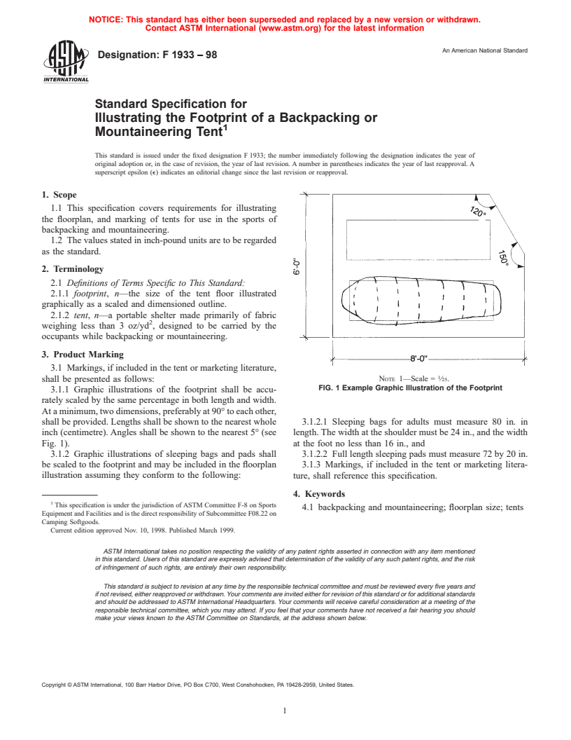 ASTM F1933-98 - Standard Specification for Illustrating the Footprint of a Backpacking or Mountaineering Tent