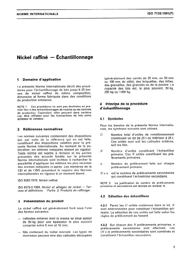 ISO 7156:1991 - Nickel raffiné -- Échantillonnage