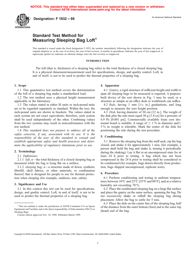 ASTM F1932-98 - Standard Test Method for Measuring Sleeping Bag Loft