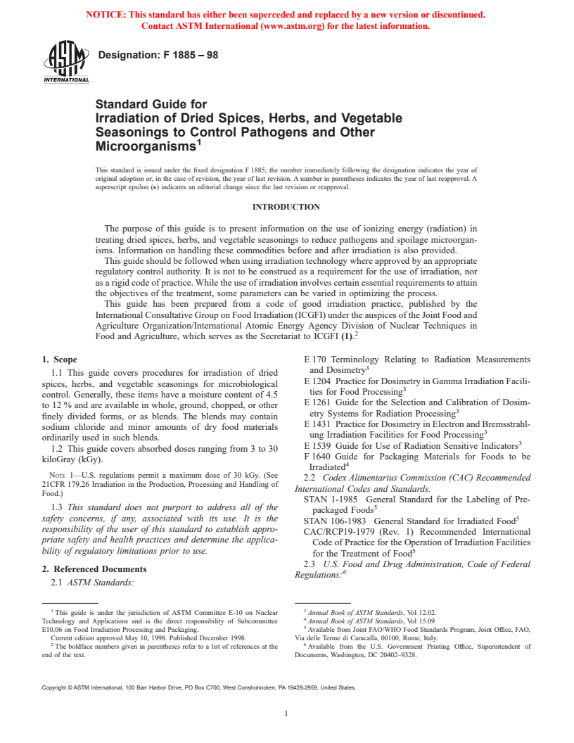 ASTM F1885-98 - Standard Guide for Irradiation of Dried Spices, Herbs, and Vegetable Seasonings to Control Pathogens and Other Microorganisms