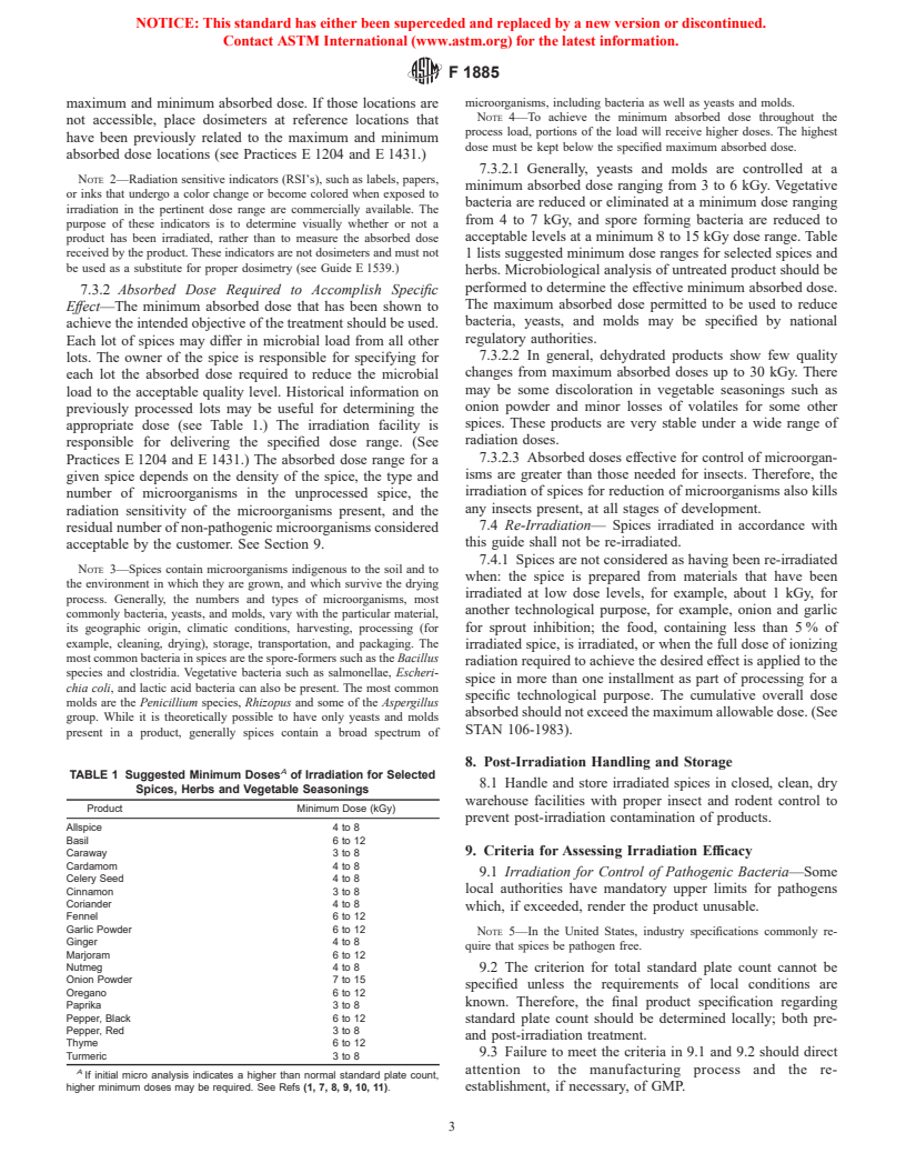 ASTM F1885-98 - Standard Guide for Irradiation of Dried Spices, Herbs, and Vegetable Seasonings to Control Pathogens and Other Microorganisms