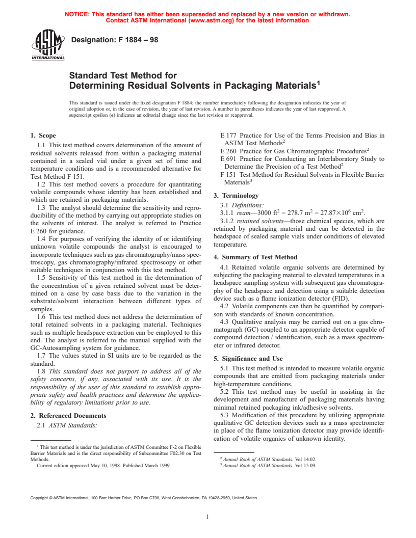 ASTM F1884-98 - Standard Test Method for Determining Residual Solvents in Packaging Materials