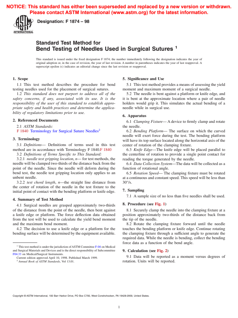 ASTM F1874-98 - Standard Test Method for Bend Testing of Needles Used in Surgical Sutures