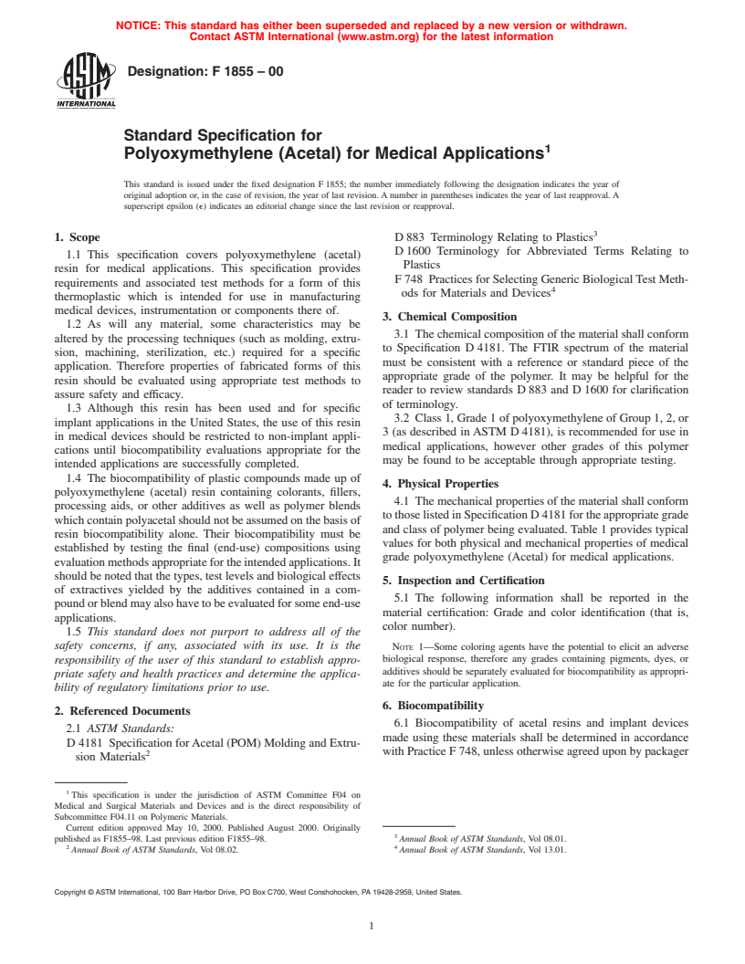 ASTM F1855-00 - Standard Specification for Polyoxymethylene (Acetal) for Medical Applications