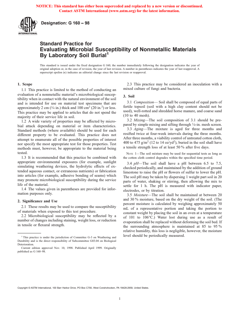 ASTM G160-98 - Standard Practice for Evaluating Microbial Susceptibility of Nonmetallic Materials by Laboratory Soil Burial