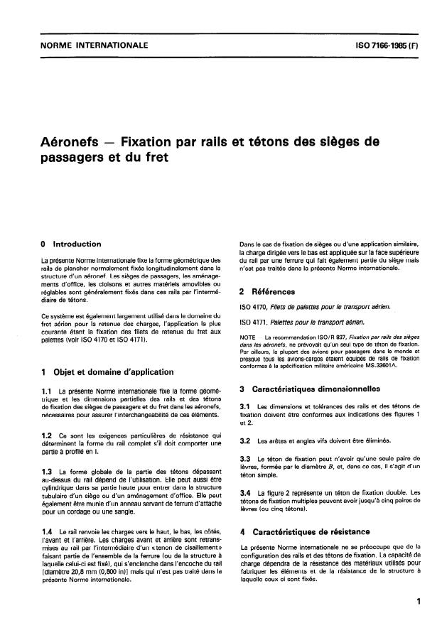 ISO 7166:1985 - Aéronefs -- Fixation par rails et tétons des sieges de passagers et du fret