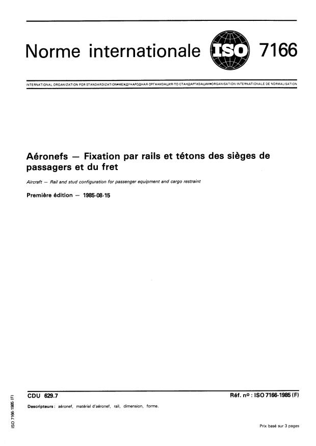 ISO 7166:1985 - Aéronefs -- Fixation par rails et tétons des sieges de passagers et du fret