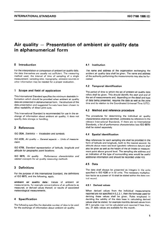 ISO 7168:1985 - Air quality -- Presentation of ambient air quality data in alphanumerical form