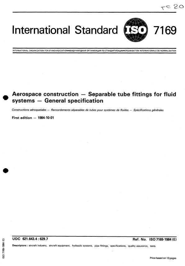 ISO 7169:1984 - Aerospace construction -- Separable tube fittings for fluid systems -- General specification