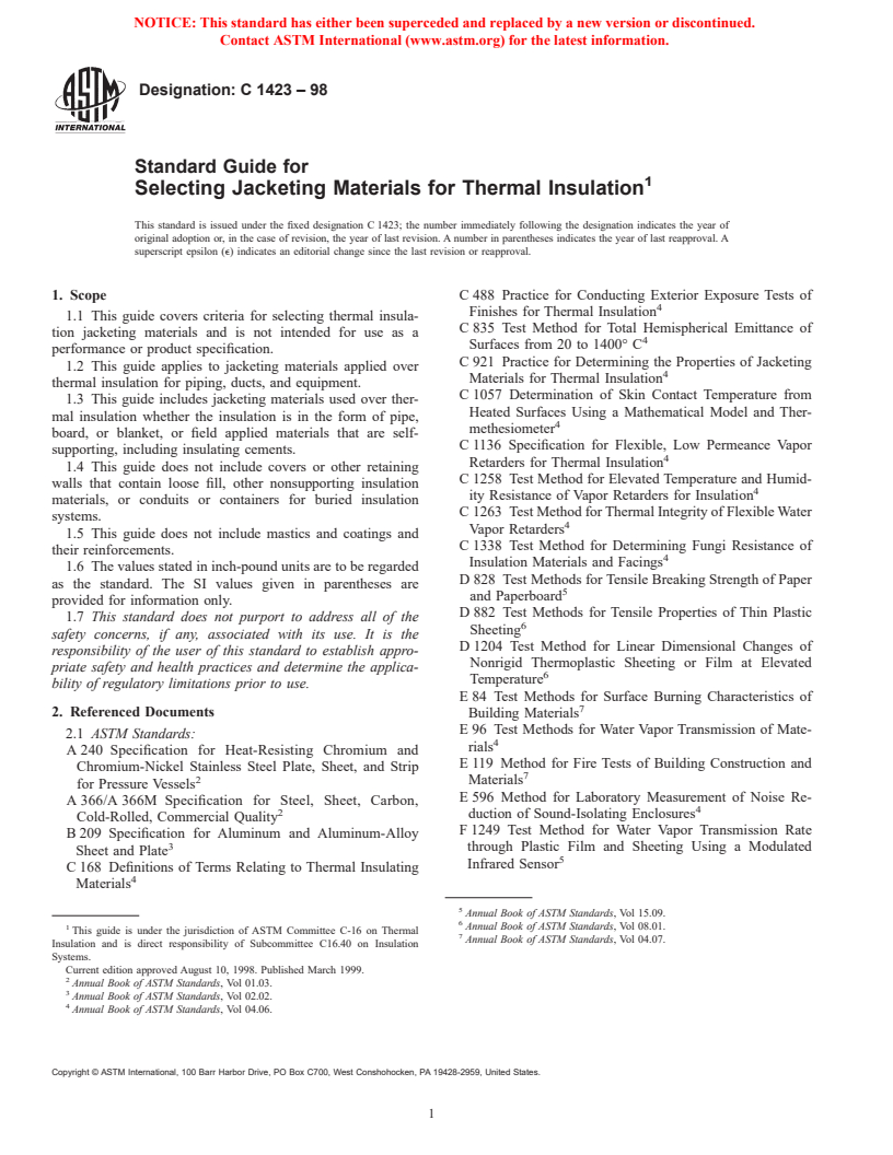 ASTM C1423-98 - Standard Guide for Selecting Jacketing Materials for Thermal Insulation