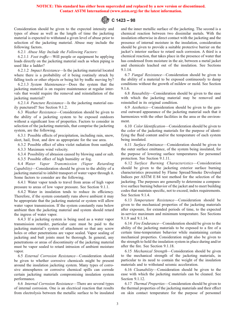 ASTM C1423-98 - Standard Guide for Selecting Jacketing Materials for Thermal Insulation