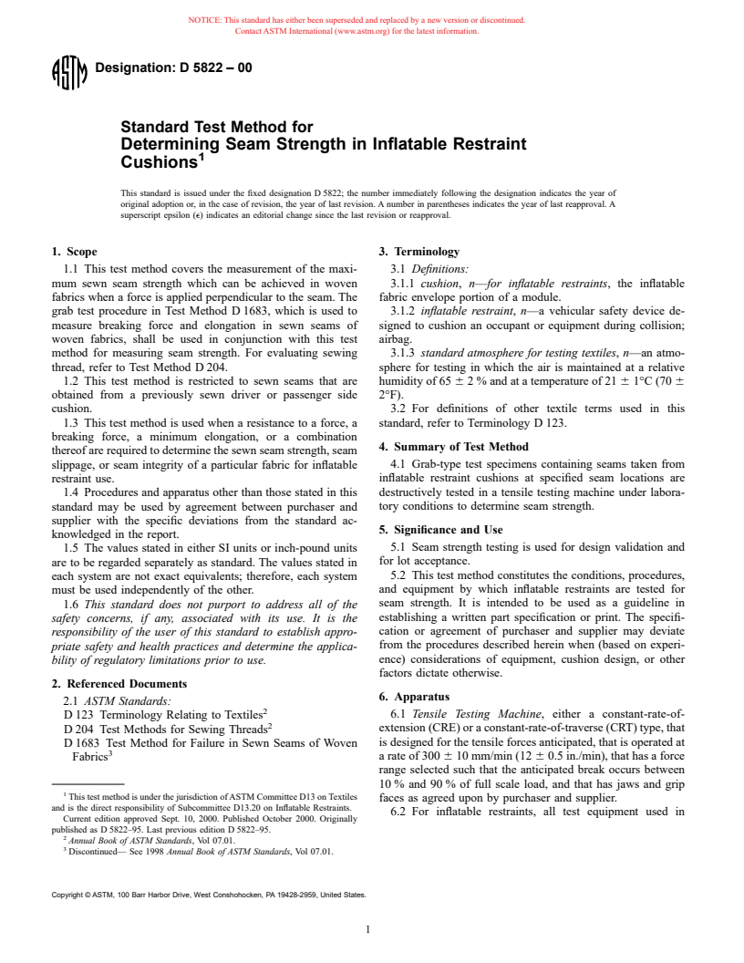 ASTM D5822-00 - Standard Test Method for Determining Seam Strength in Inflatable Restraint Cushions