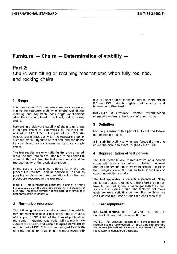 ISO 7174-2:1992 - Furniture -- Chairs -- Determination of stability