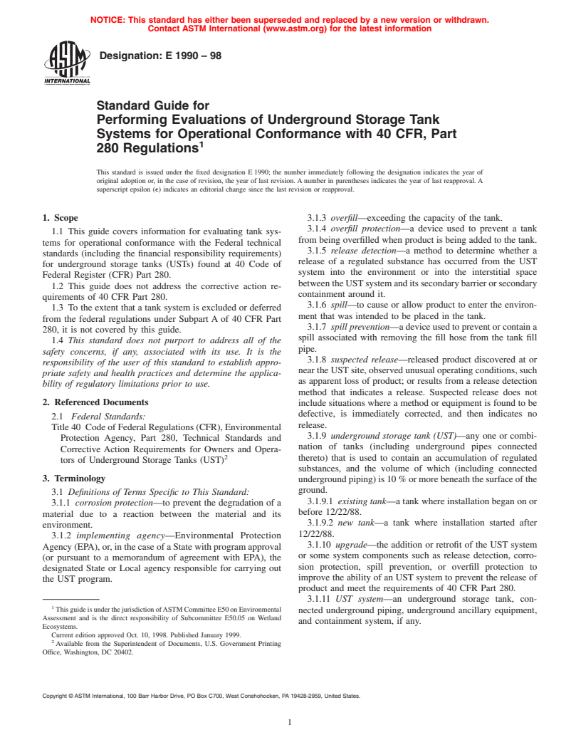 ASTM E1990-98 - Standard Guide for Performing Evaluations of Underground Storage Tank Systems for Operational Conformance with 40 CFR, Part 280 Regulations