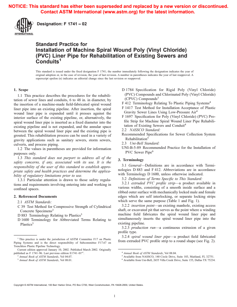 ASTM F1741-02 - Standard Practice for Installation of Machine Spiral Wound Poly (Vinyl Chloride) (PVC) Liner Pipe for Rehabilitation of Existing Sewers and Conduits