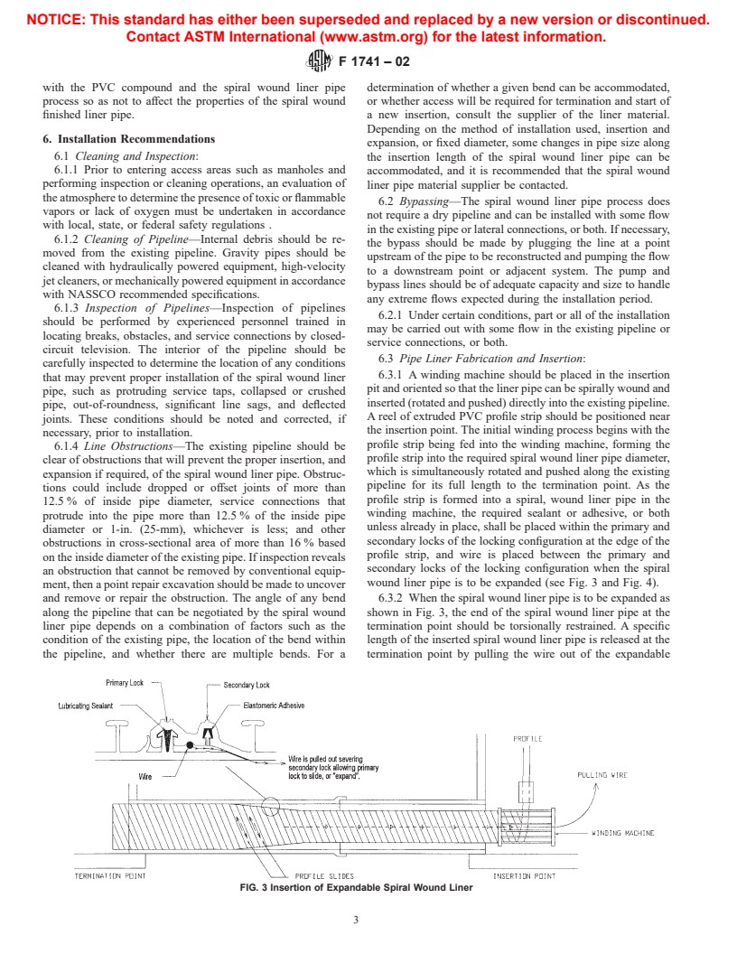 ASTM F1741-02 - Standard Practice for Installation of Machine Spiral Wound Poly (Vinyl Chloride) (PVC) Liner Pipe for Rehabilitation of Existing Sewers and Conduits