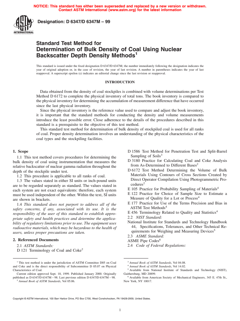 ASTM D6347/D6347M-99 - Standard Test Method for Determination of Bulk Density of Coal Using Nuclear Backscatter Depth Density Methods