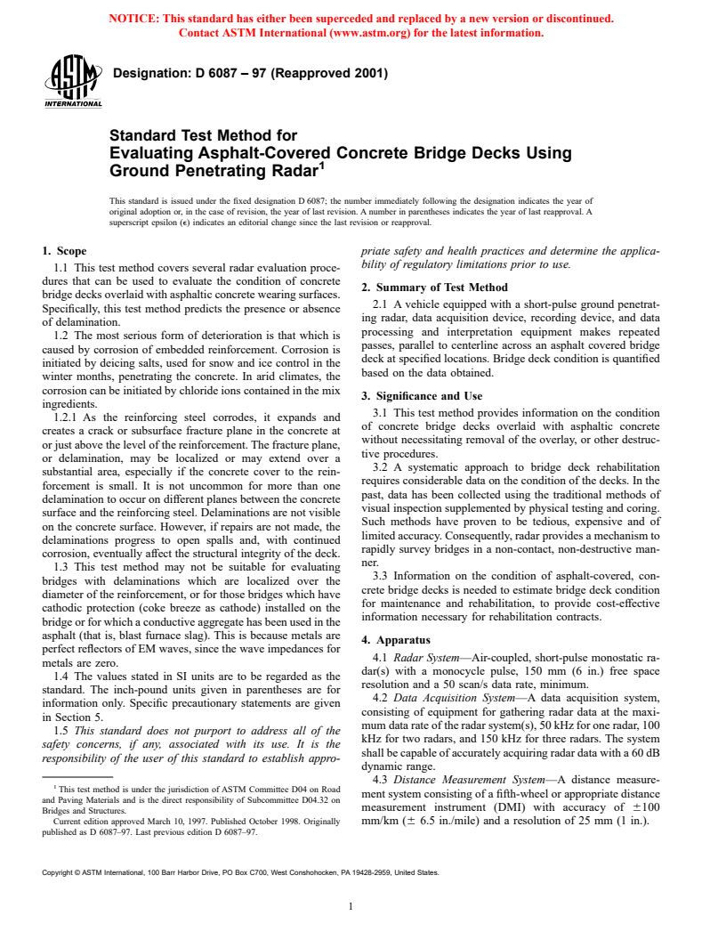 ASTM D6087-97(2001) - Standard Test Method for Evaluating Asphalt-Covered Concrete Bridge Decks Using Ground Penetrating Radar