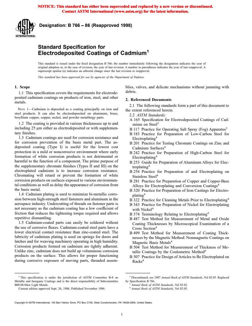 ASTM B766-86(1998) - Standard Specification for Electrodeposited Coatings of Cadmium