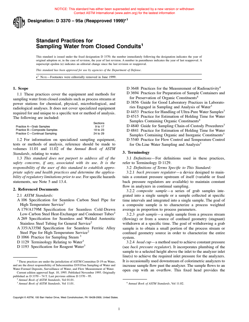 ASTM D3370-95a(1999)e1 - Standard Practices for Sampling Water from Closed Conduits