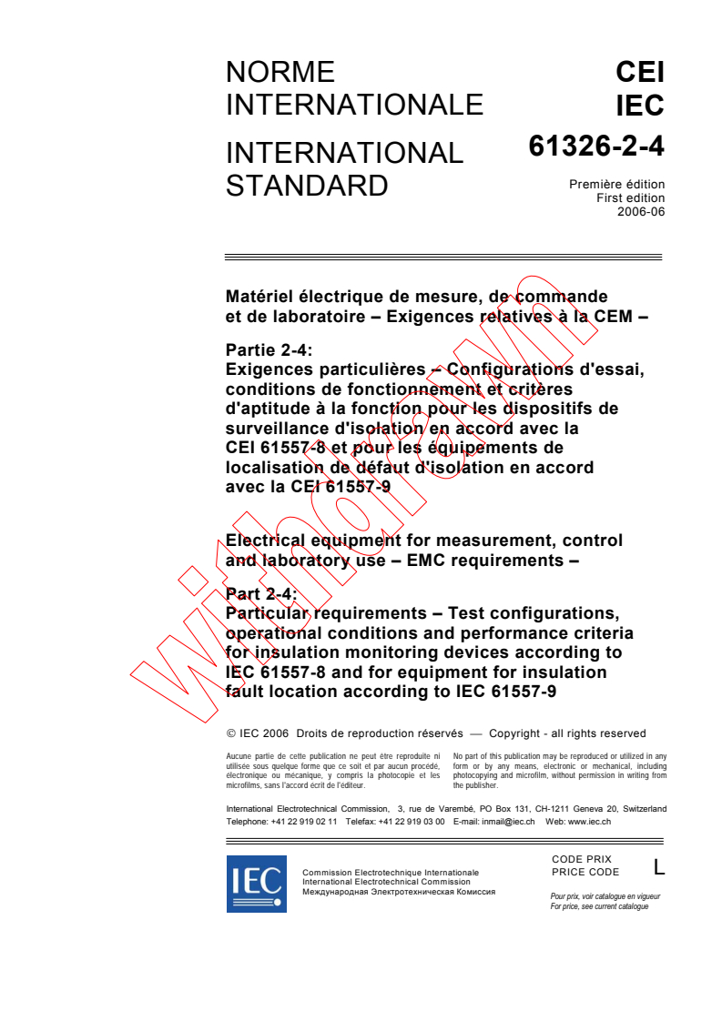 IEC 61326-2-4:2006 - Electrical equipment for measurement, control and laboratory use - EMC requirements - Part 2-4: Particular requirements - Test configurations, operational conditions and performance criteria for insulation monitoring devices according to IEC 61557-8 and for equipment for insulation fault location according to IEC 61557-9
Released:6/13/2006
Isbn:2831886848
