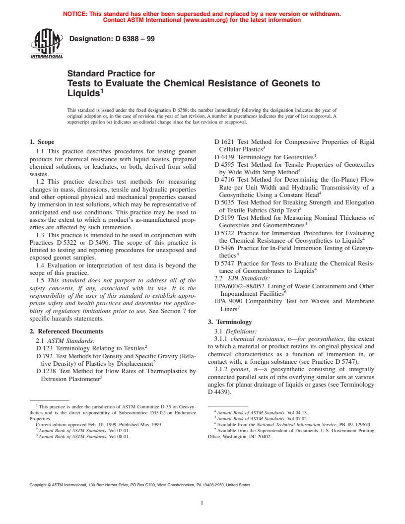 ASTM D6388-99 - Standard Practice for Tests to Evaluate the Chemical Resistance of Geonets to Liquids