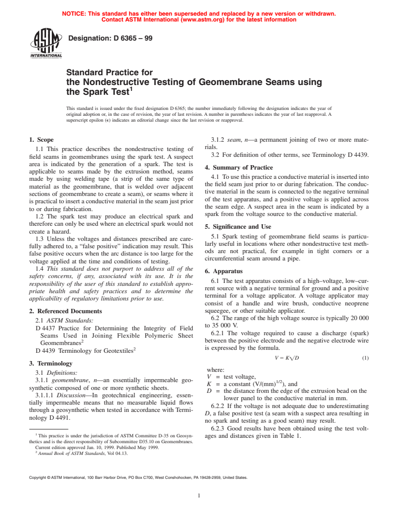 ASTM D6365-99 - Standard Practice for the Nondestructive Testing of Geomembrane Seams using the Spark Test