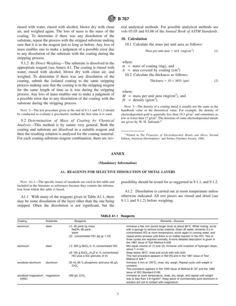 ASTM B767-88(2001) - Standard Guide for Determining Mass Per Unit Area of Electrodeposited and Related Coatings by Gravimetric and Other Chemical Analysis Procedures