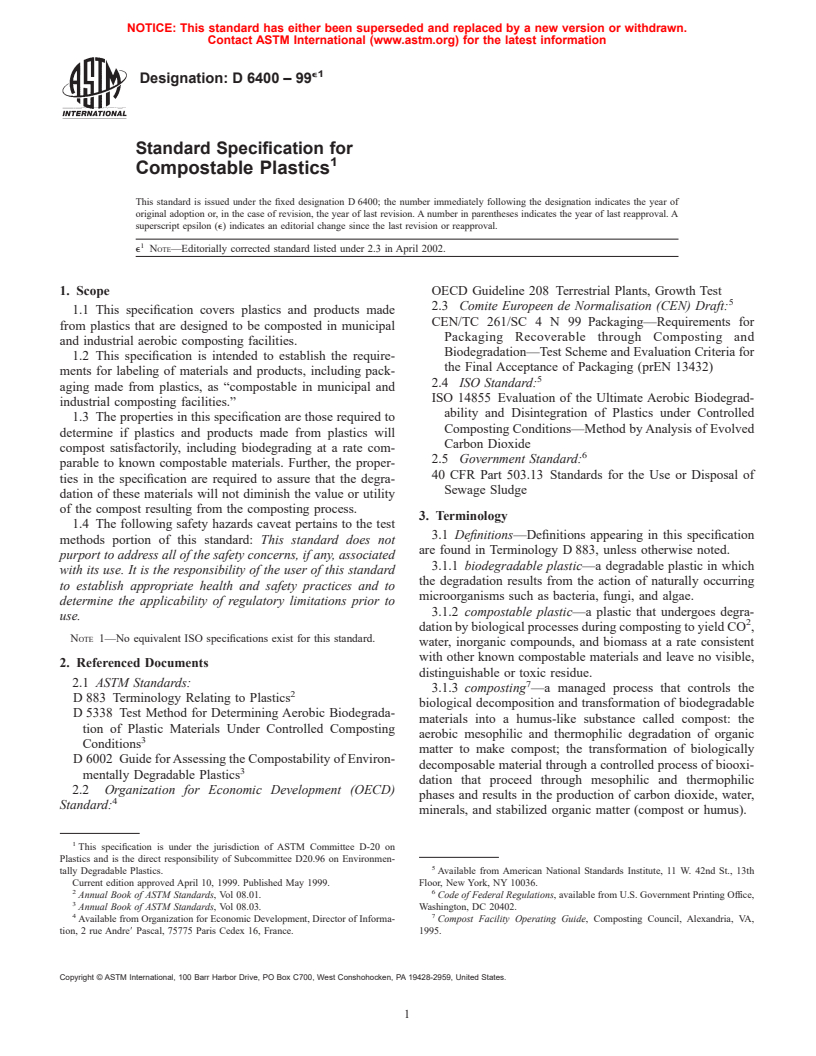 ASTM D6400-99e1 - Standard Specification for Compostable Plastics