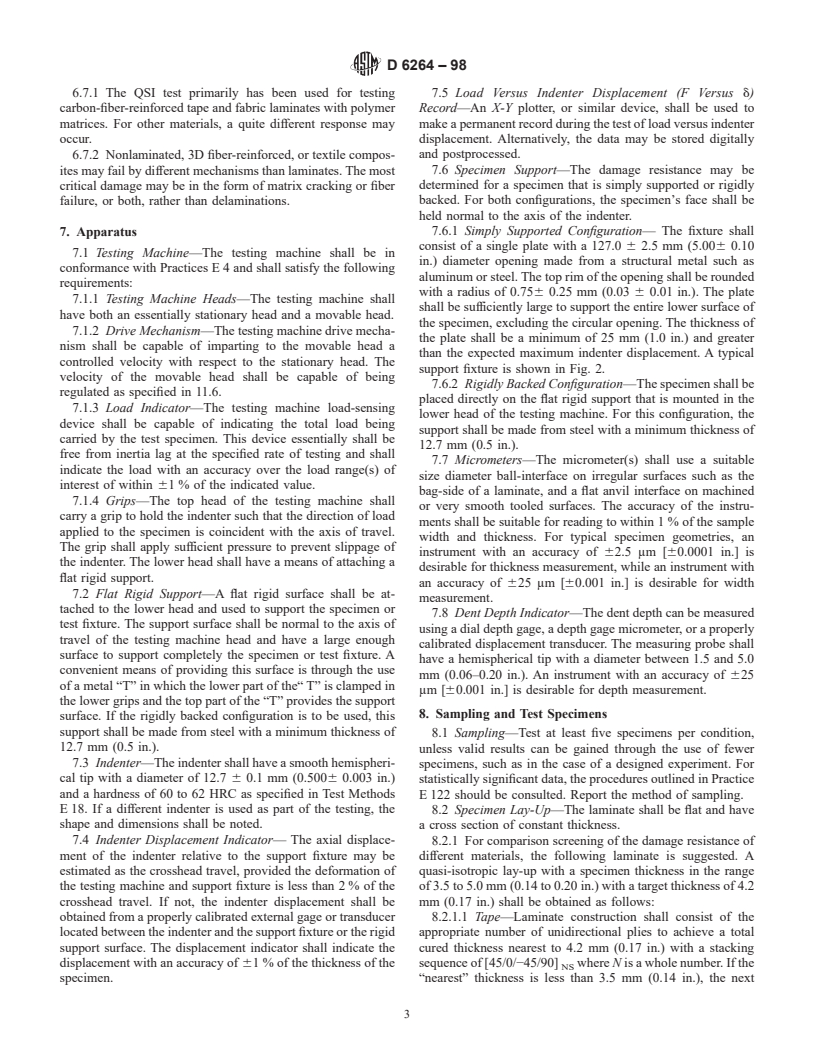 ASTM D6264-98 - Standard Test Method for Measuring the Damage Resistance of a Fiber-Reinforced Polymer-Matrix Composite to a Concentrated Quasi-Static Indentation Force