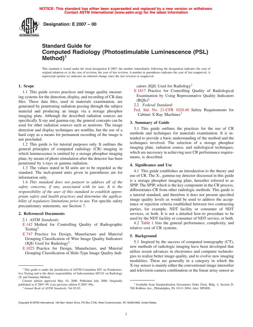 ASTM E2007-00 - Standard Guide for Computed Radiology (Photostimulable Luminescence (PSL) Method)