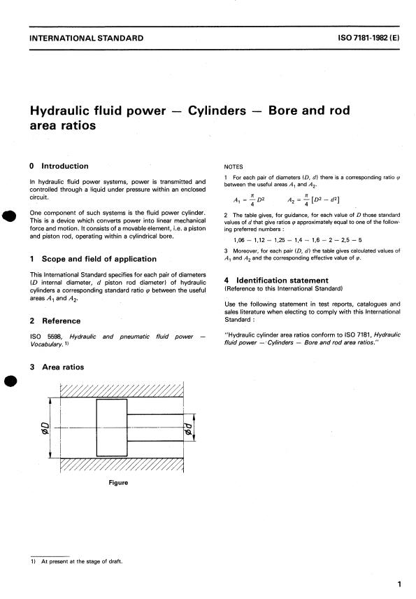 ISO 7181:1982 - Hydraulic fluid power -- Cylinders -- Bore and rod area ratios